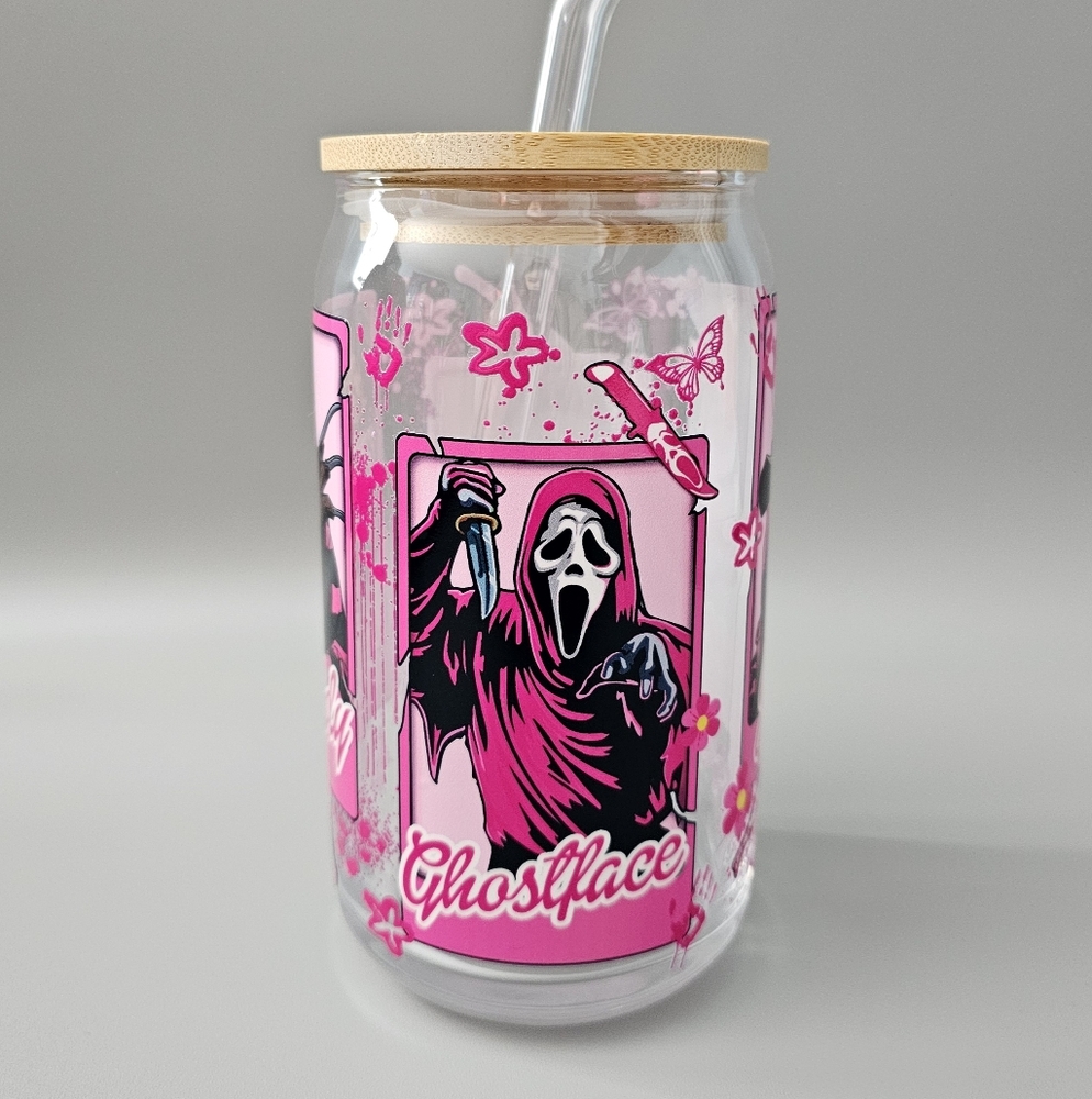 Ghostface Pink Glass Tumbler with Bamboo Lid